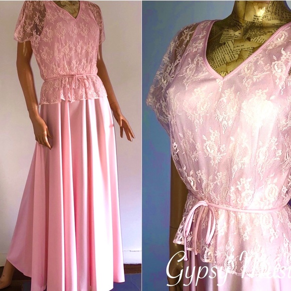 VTG 70s Pink Cold Shoulder Grecian Lace Formal Disco Prom Queen/Wedding Dress~M - Picture 1 of 10